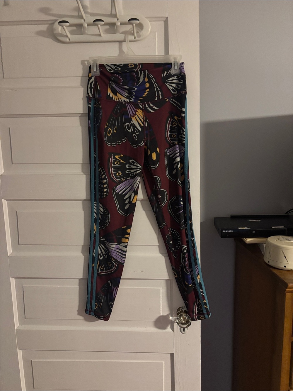 Farm RIOxAdidas Burgundy Butterfly Print Leggings with Teal Side Stripes